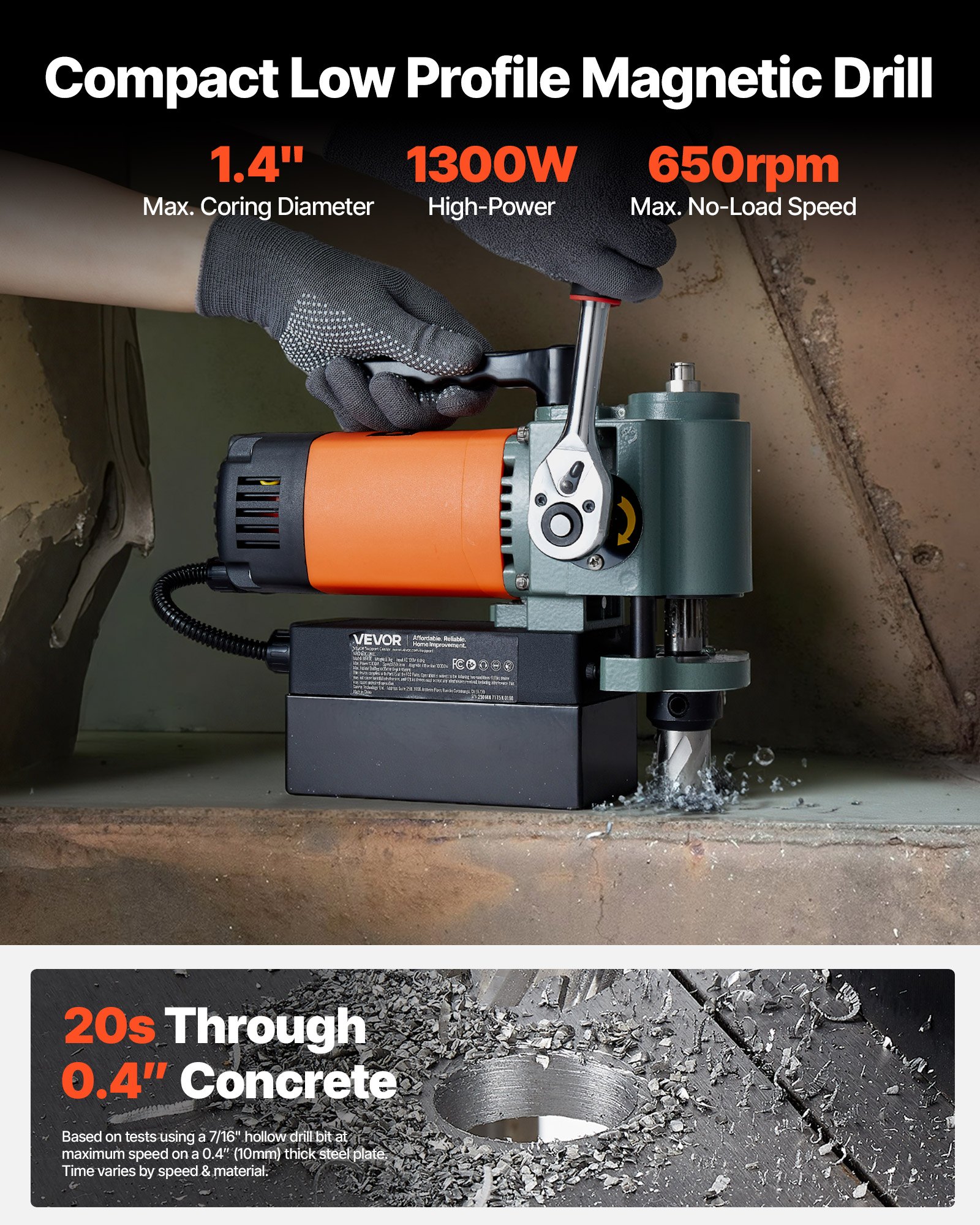 VEVOR Magnetbohrmaschine mit niedrigem Profil, 1300 W, 35 mm Bohrdurchmesser, 10000 N Leistung, tragbare Magnetbohrmaschine mit Weldon-Schaft, für Metalloberflächen Industrie Heimwerker