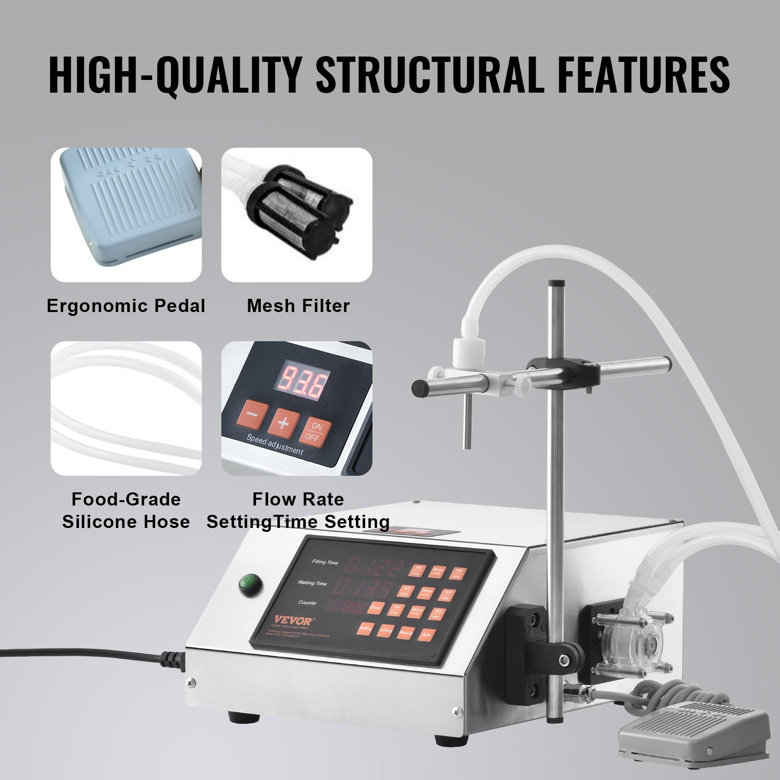 VEVOR Abfüllmaschine Automatisch/Pedalschalter Flüssigkeitsabfüllmaschine 650 ml/min Flaschenabfüllmaschine 29,5 x 24 x 13,7 cm Pastenfüllmaschine Edelstahl 201 Füllmaschine Digital Wein Milch usw.