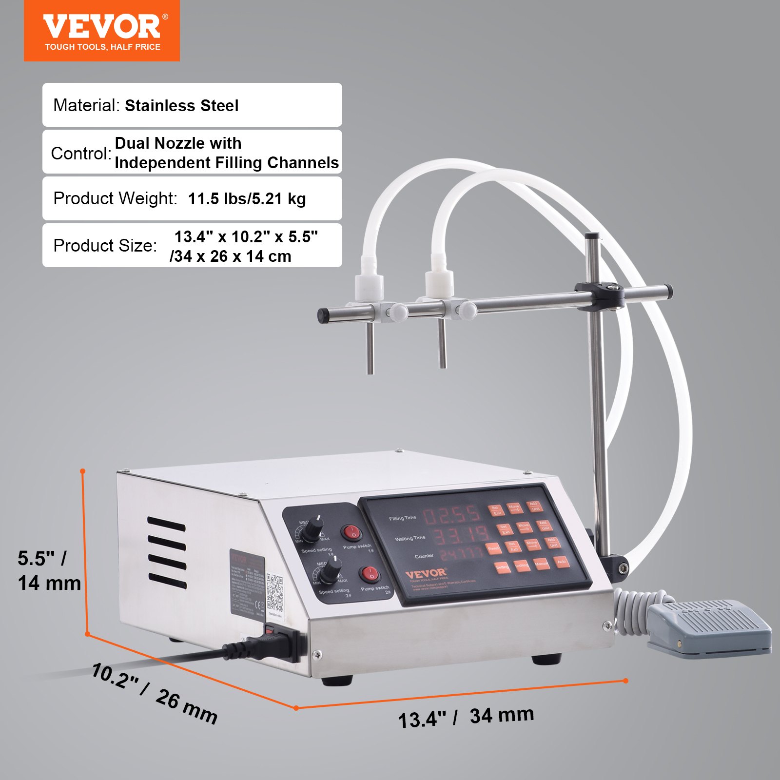 VEVOR Abfüllmaschine Doppeldüse mit unabhängigen Füllkanälen Flüssigkeitsabfüllmaschine 3,7 L/min Flaschenabfüllmaschine 34 x 26 x 14 cm Pastenfüllmaschine Edelstahl Füllmaschine Wein Milch usw.