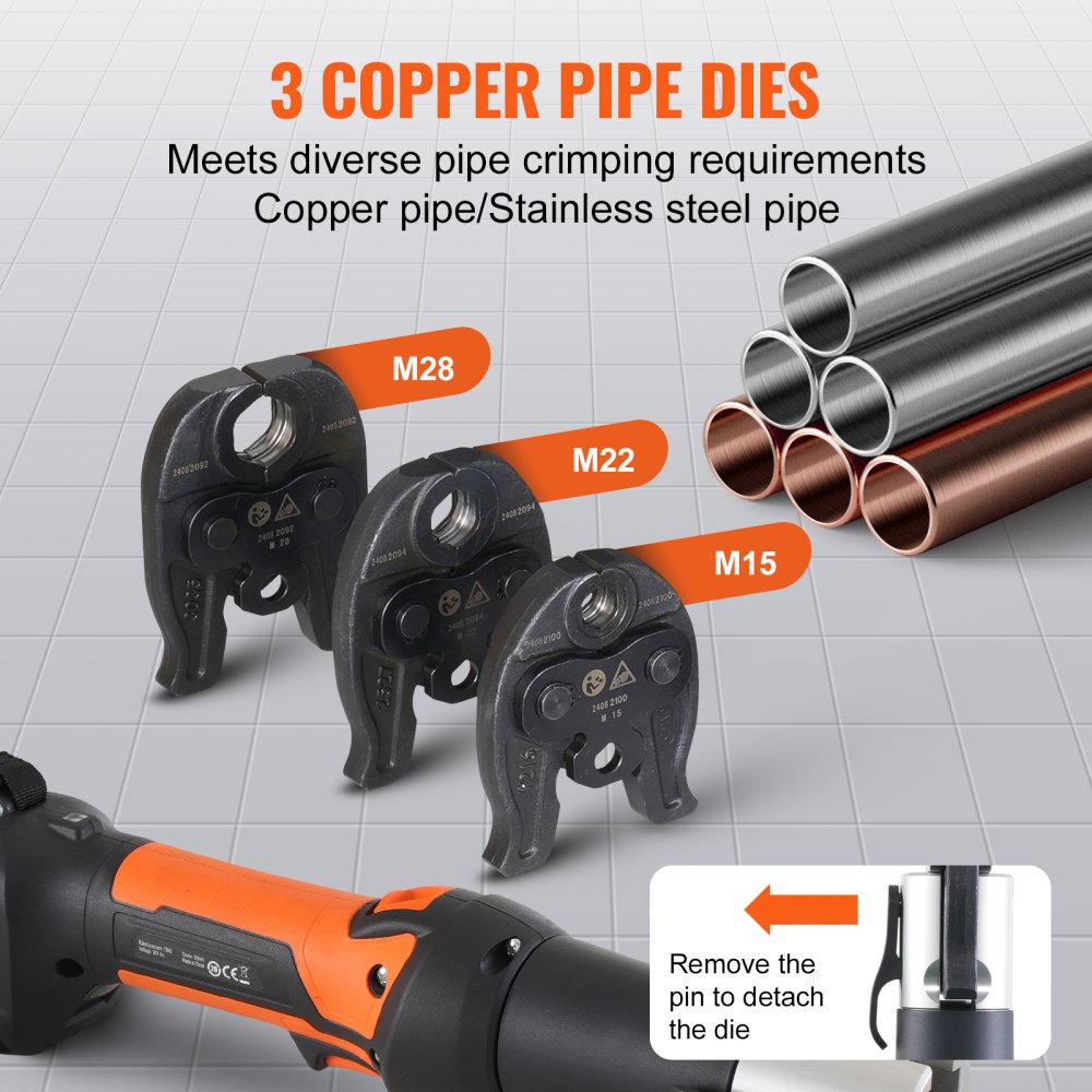 VEVOR Presswerkzeug und Akku-Set, Pro-Presswerkzeug, elektrisches Rohr-Crimpwerkzeug mit M15-, M22-, M28-Backen, Presswerkzeug-Set mit 2 Stück 18-V-2,0-Ah-Akku, Schnellladegerät und Tragetasche