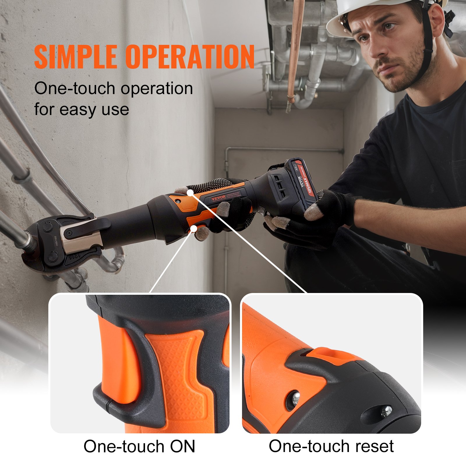 VEVOR crimping tool and battery set, Pro crimping tool, electric pipe crimping tool with V15, V22, and V28 jaws, crimping tool set with two 18V 2.0Ah batteries, fast charger, and carrying case