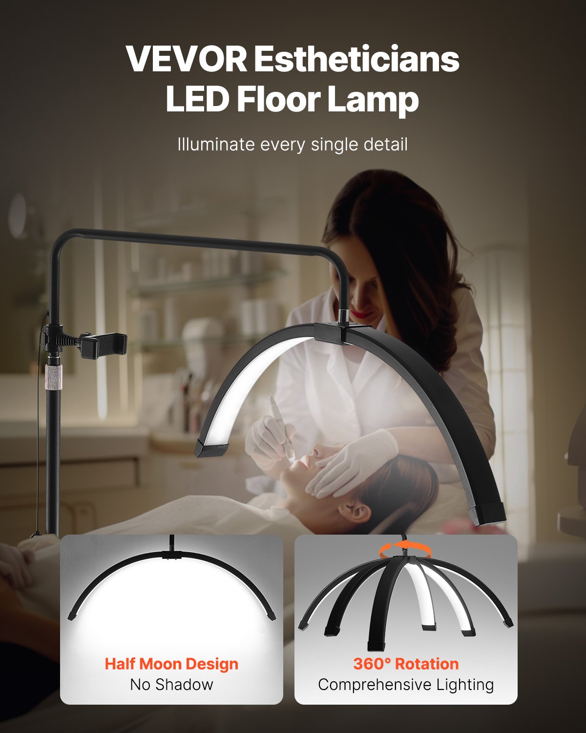 VEVOR Halbmondlicht einstellbare dimmbare LED-Stehlampe (max. 181 cm Höhe), Wimpernlicht für Wimpernverlängerungen, Wimpernlampe mit Telefonhalter & Fernbedienung, für Hautpflege Augenbrauen