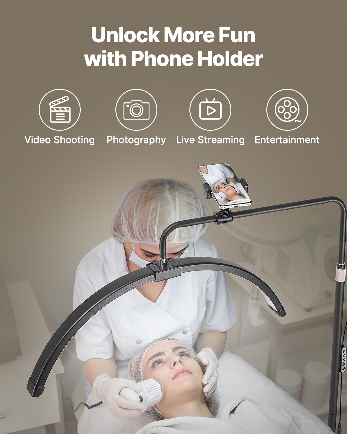 VEVOR Halbmondlicht einstellbare dimmbare LED-Stehlampe (max. 181 cm Höhe), Wimpernlicht für Wimpernverlängerungen, Wimpernlampe mit Telefonhalter & Fernbedienung, für Hautpflege Augenbrauen