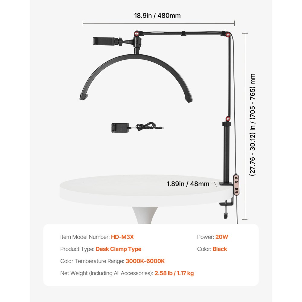 VEVOR Table Lamp for Nails with Telephone Holder (20 W 765 mm max. height) Nail Technician Lamp, Nail Table Lamp with Adjustable Brightness, Table Lamp for Nail Technicians and Eyelash Extensions