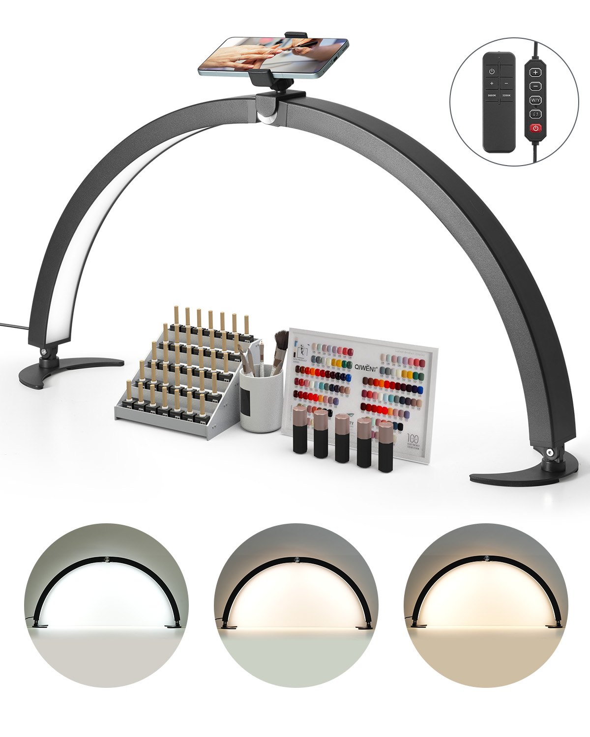 VEVOR Desktop Halbmondlicht für Nägel mit Telefonhalter (40 W 735 mm lang) Nageltechniklicht, Nageltischlampe mit einstellbarer Helligkeit, LED-Tischleuchte für Nageltechniker Wimpernverlängerung