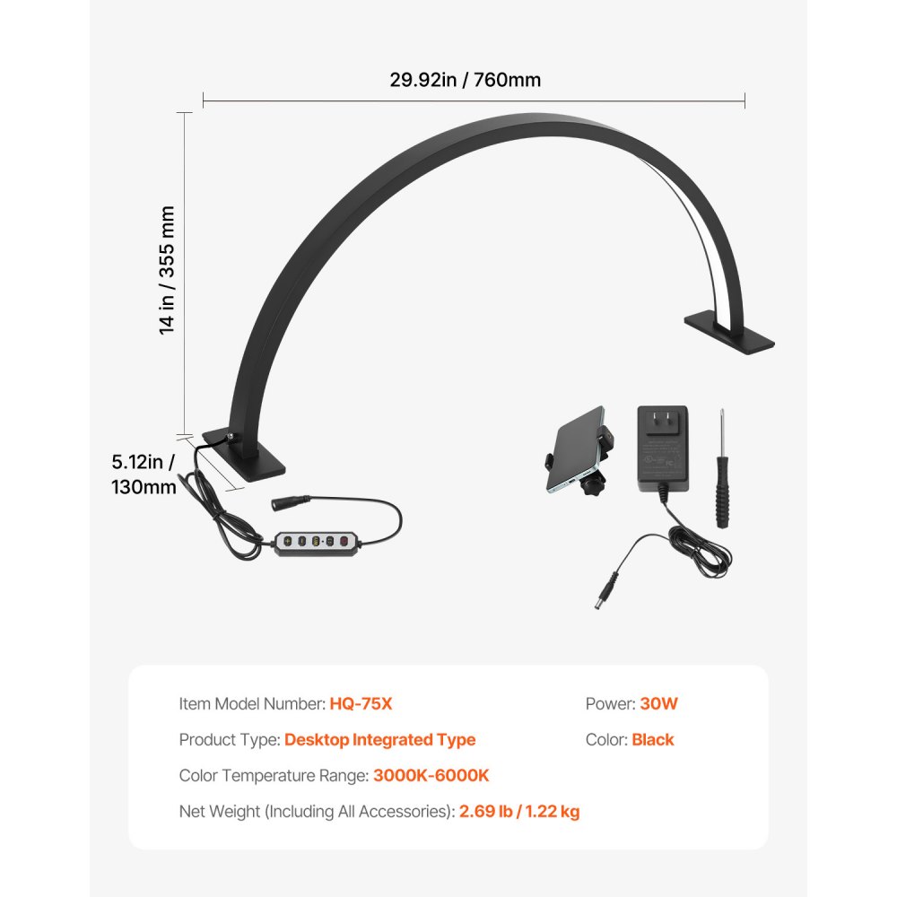 VEVOR Desktop Halbmondlicht für Nägel mit Telefonhalter (30 W 76 cm lang) Nageltechniklicht, Nageltischlampe mit einstellbarer Helligkeit, LED-Tischleuchte für Nageltechniker Wimpernverlängerung