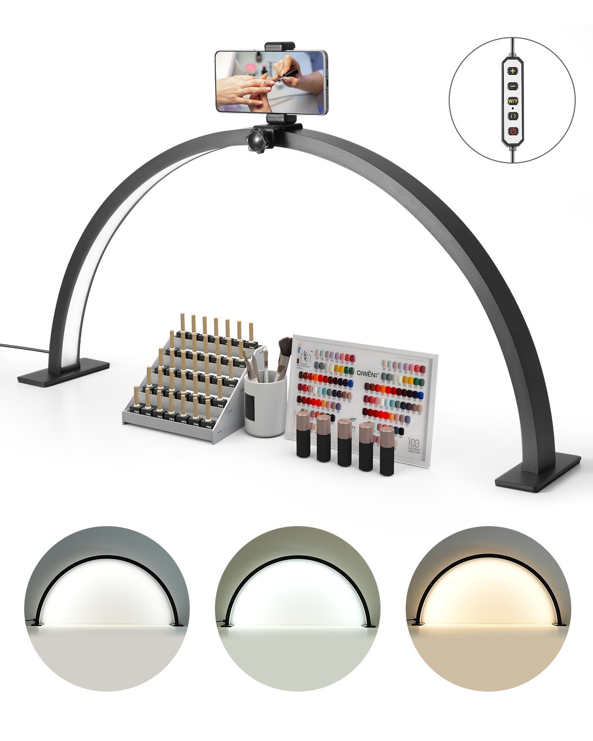 VEVOR Desktop Halbmondlicht für Nägel mit Telefonhalter (30 W 76 cm lang) Nageltechniklicht, Nageltischlampe mit einstellbarer Helligkeit, LED-Tischleuchte für Nageltechniker Wimpernverlängerung