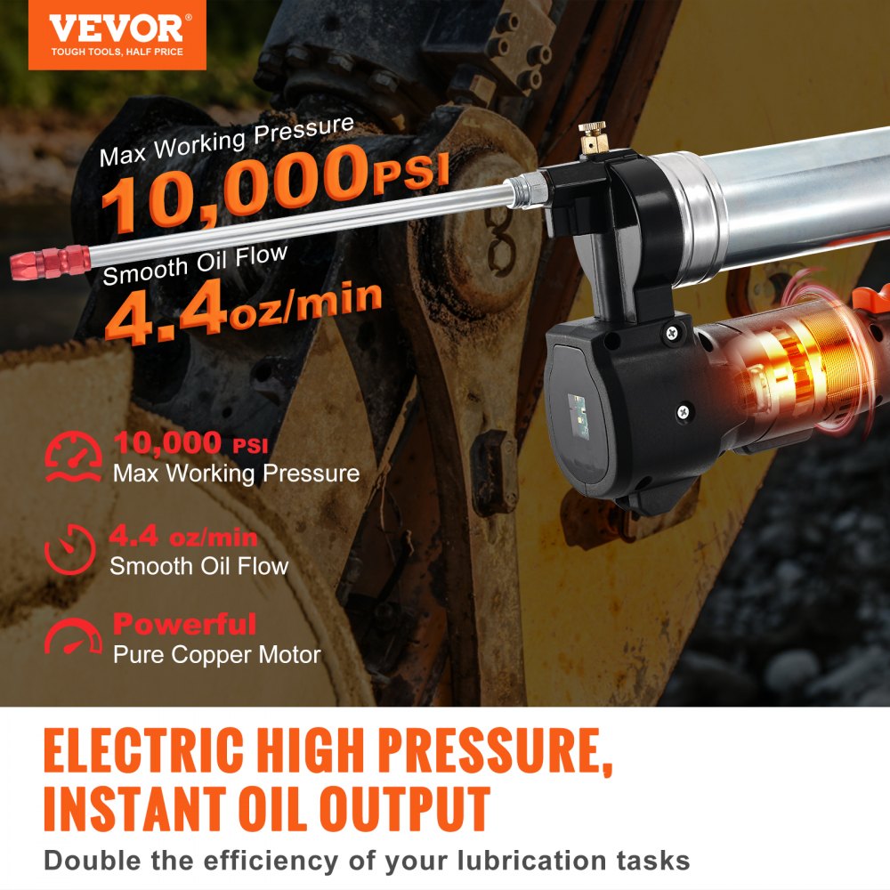 VEVOR 20V Cordless Grease Gun 500g, 10,000 PSI Working Pressure, 125g/min Oil Flow Rate, Includes 2 x 2.0Ah Batteries, Φ9x990mm Hose and Fast Charger