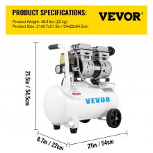 VEVOR Flüsterkompressor 25 L, Leise Ölfrei Kompressor 750 W, Ölfrei Luftkompressor 60 dB, Druckluftkompressor 220 V, Silent Druckluft Kessel 165 L / min Abgasvolumen, mit Eingebautem Abluftventilator