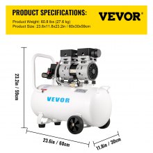 VEVOR Flüsterkompressor 50 L, Leise Ölfrei Kompressor 750 W, Ölfrei Luftkompressor 68 dB, Druckluftkompressor 230 V, Silent Druckluft Kessel 170 L / min Abgasvolumen, mit Eingebautem Abluftventilator