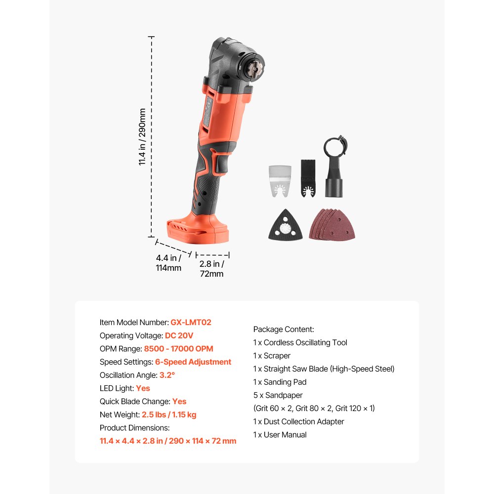 VEVOR Cordless Oscillating Tool, 20V Multitool Oscillating Tool with 6 Variable Speeds 8500 - 17000 OPM, 3.2° Oscillating Angle, 8PCS Saw Accessories & LED Work Light (Battery Pack Not Included)