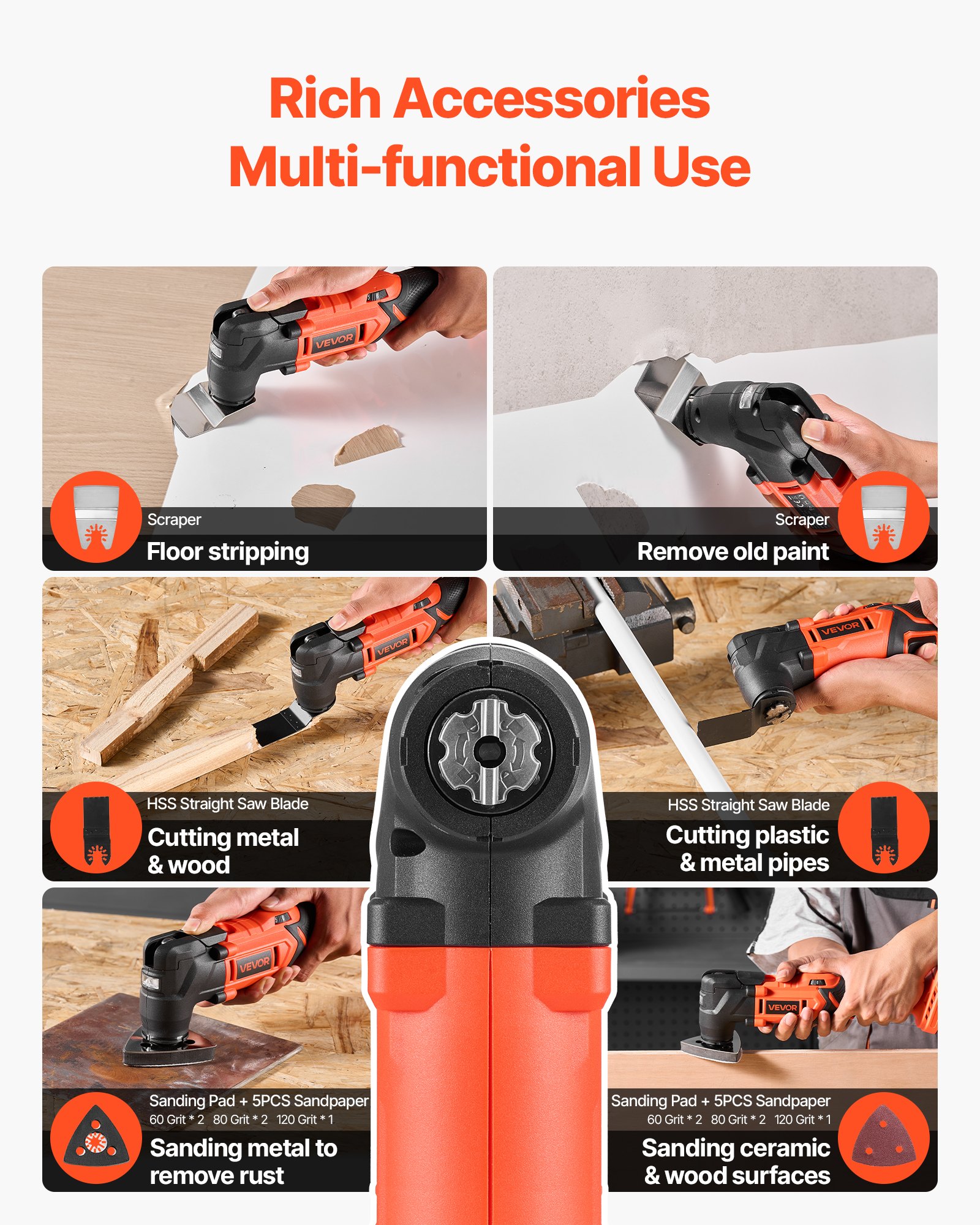 VEVOR Cordless Oscillating Tool, 20V Multitool Oscillating Tool with 6 Variable Speeds 8500 - 17000 OPM, 3.2° Oscillating Angle, 8PCS Saw Accessories & LED Work Light (Battery Pack Not Included)