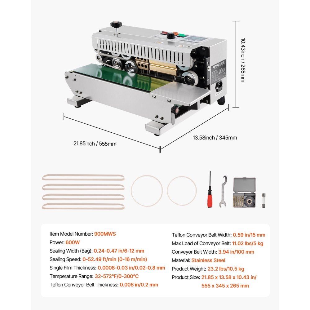 VEVOR Kontinuierliche Beutelband-Versiegelungsmaschine, 0,24-0,47 Zoll/6-12 mm Siegelbreite, Horizontale Bandsiegelmaschine mit digitaler Temperaturregelung, Beutelsiegelgerät aus Edelstahl für 0,02-0,8 mm Plastikbeutelfolie