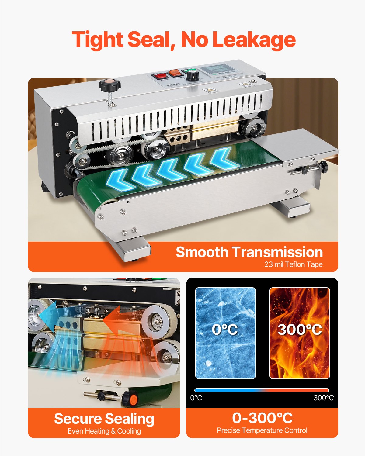 VEVOR Kontinuierliche Beutelband-Versiegelungsmaschine, 0,24-0,47 Zoll/6-12 mm Siegelbreite, Horizontale Bandsiegelmaschine mit digitaler Temperaturregelung, Beutelsiegelgerät aus Edelstahl für 0,02-0,8 mm Plastikbeutelfolie