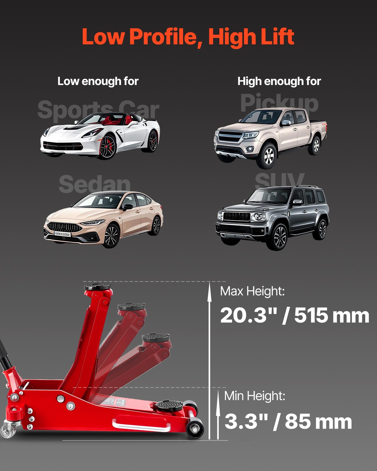 VEVOR Hydraulischer Rangierwagenheber 3 t Tragkraft, Flacher Wagenheber aus Aluminium mit Doppelkolben-Schnellhubpumpe, Autoheber für Sportwagen SUVs Pickups, 85-515 mm Hubbereich, Rot