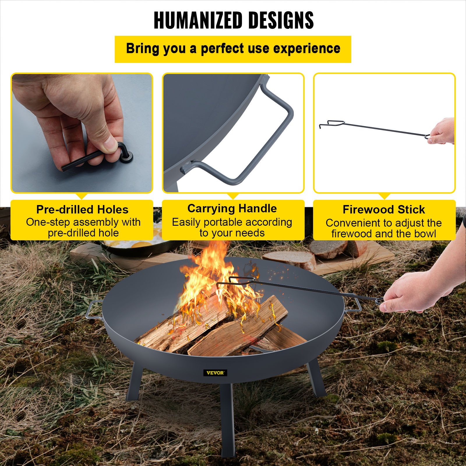 VEVOR Feuerschale, φ 85 cm Feuerkorb 23 cm Tiefe Kohlenstoffstahl Feuerschale 40,5 cm Höhe Feuerstelle Terrasse, Rostfrei und Hitzebeständig Feuerkorb Camping, Feuerstelle Garten BBQ Schwarz