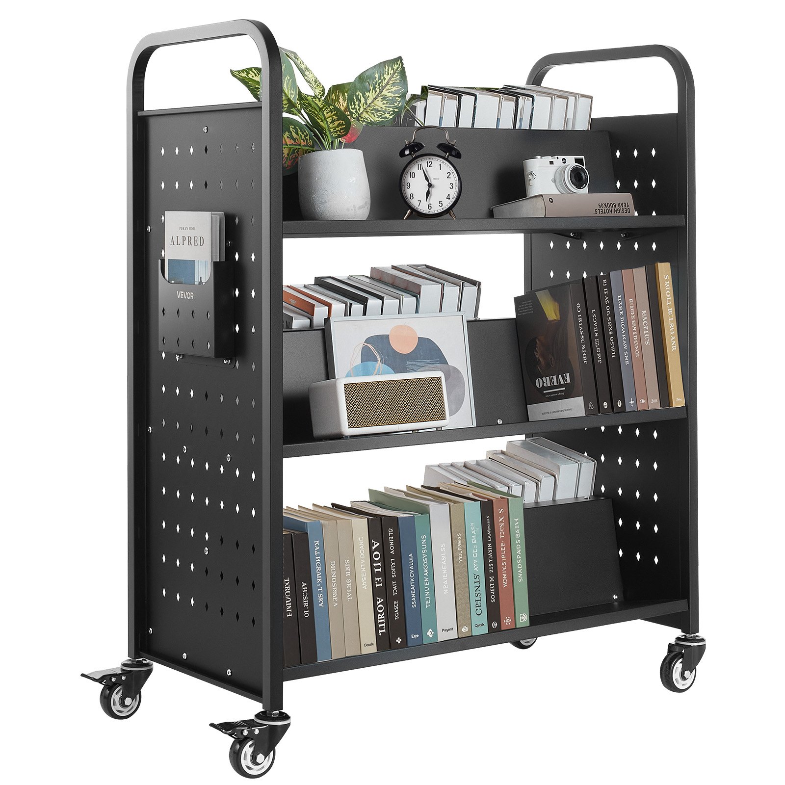 VEVOR Rolling Library Book Cart, 150 kg Capacity, 97 x 51.5 x 122.5 cm Library Cart, Double Sided W-Shaped Shelves with 76.2 mm Lockable Wheels, Book Truck for Home Shelves Office and School, Black