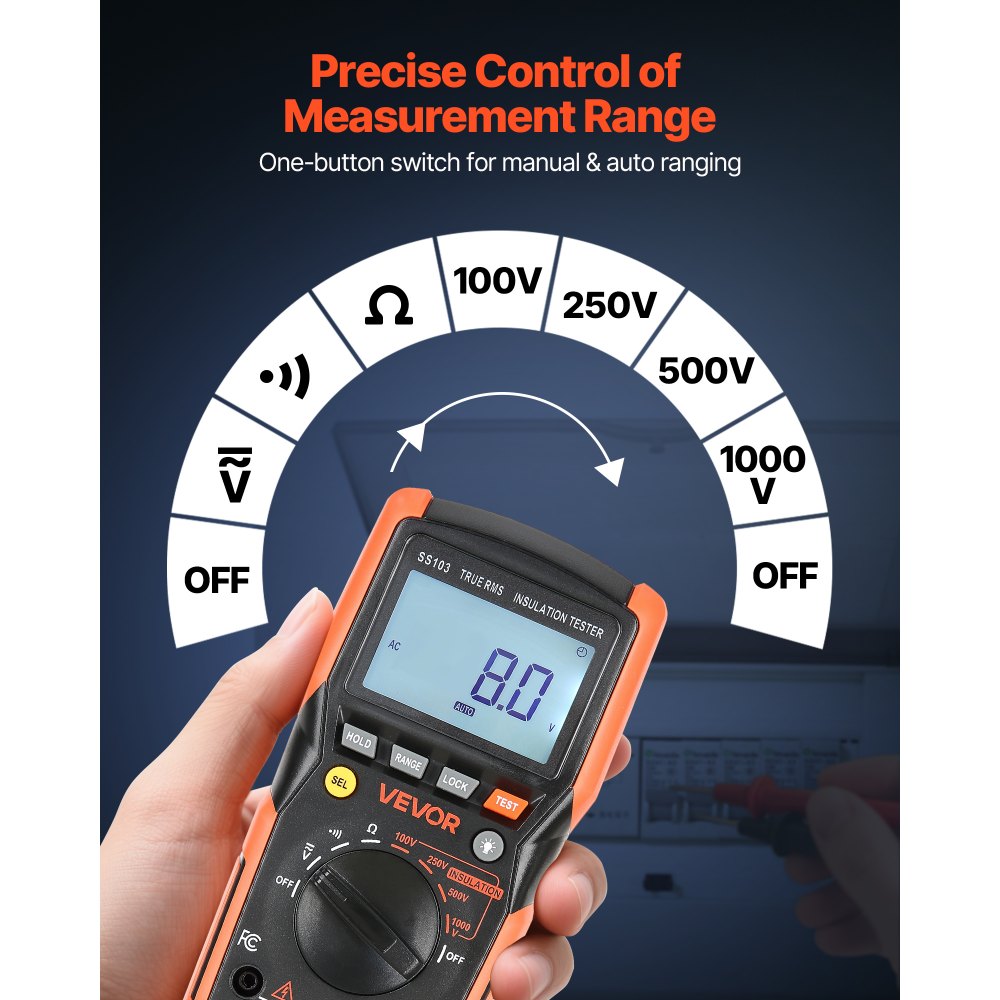 VEVOR Digitalmultimeter, 4000-Count-TRMS-Voltmeter-Ohmmeter, 1000-V-AC/DC-Spannungstester mit umschaltbarem automatischen/manuellen Bereich für Spannungs-, Widerstands- und Durchgangsmessung