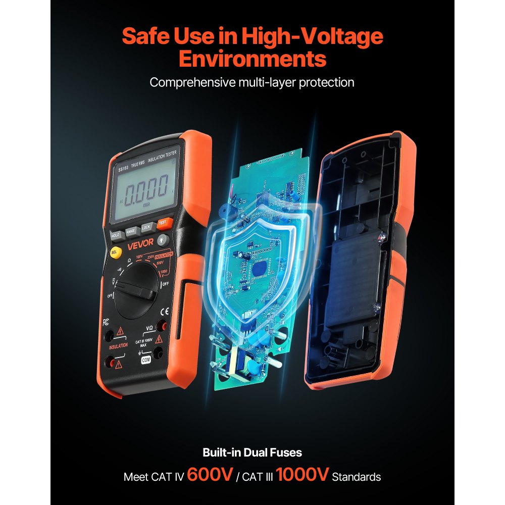 VEVOR Digitalmultimeter, 4000-Count-TRMS-Voltmeter-Ohmmeter, 1000-V-AC/DC-Spannungstester mit umschaltbarem automatischen/manuellen Bereich für Spannungs-, Widerstands- und Durchgangsmessung