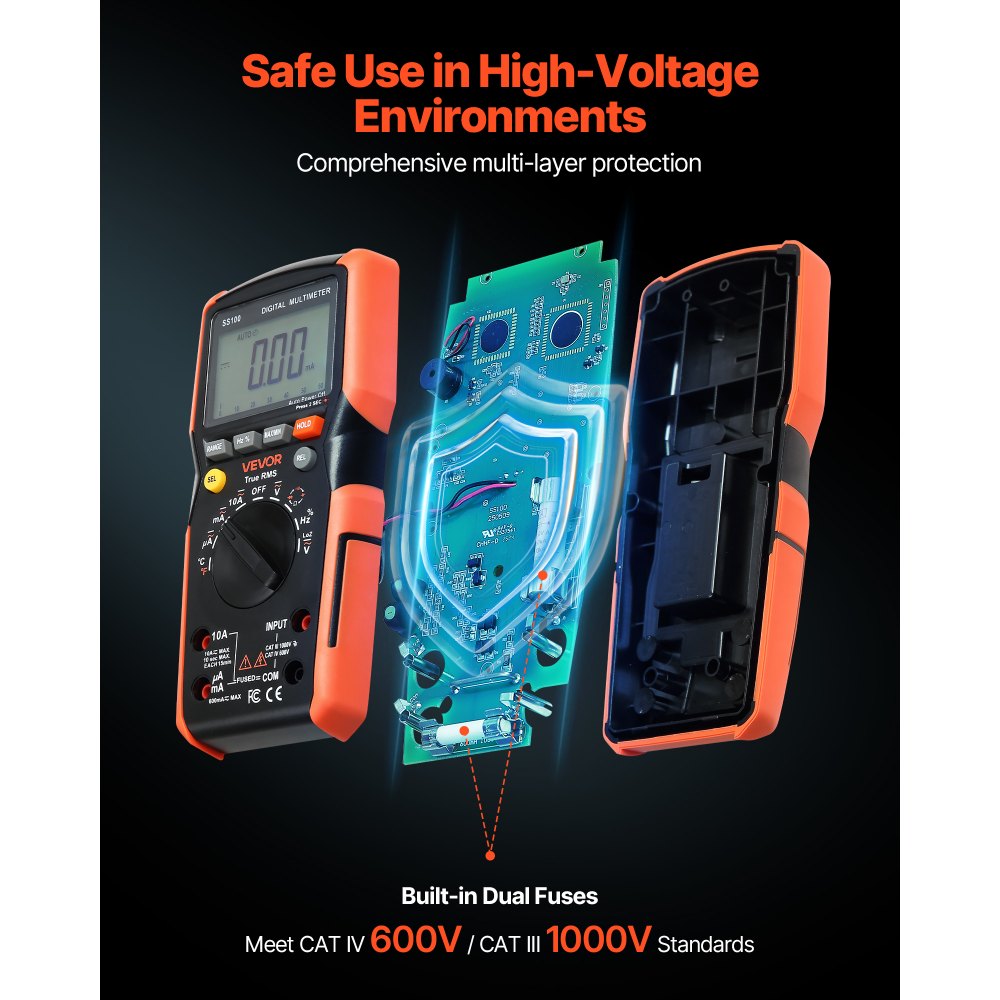 VEVOR Digitalmultimeter, 6000-Count TRMS DC/AC-Voltmeter-Stromtester, automatischer Bereichswahl für Strom, Spannung, Widerstand, Kapazität, Temperatur, Dioden, Durchgang, niedrige Impedanzmessung