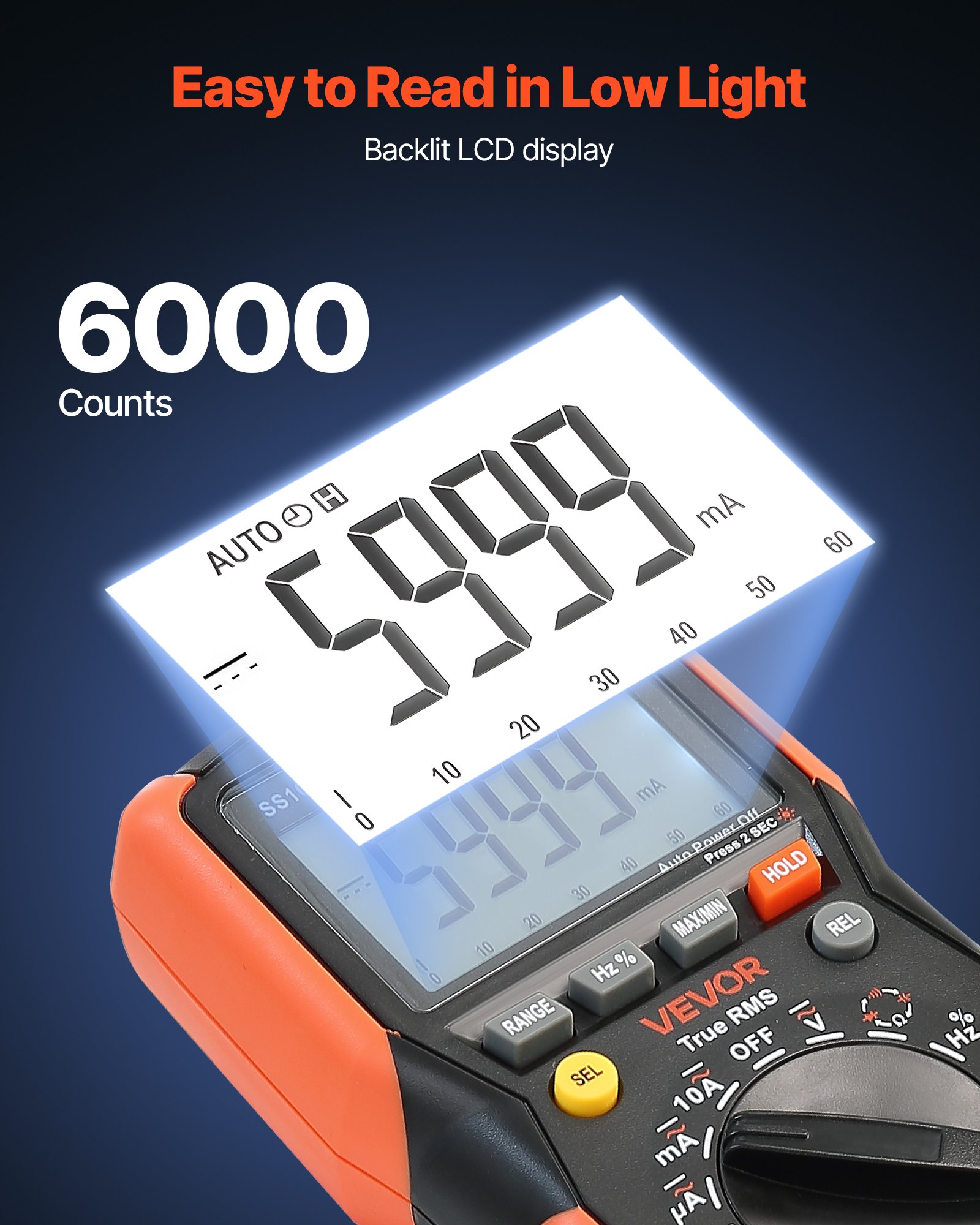 VEVOR Digitalmultimeter, 6000-Count TRMS DC/AC-Voltmeter-Stromtester, automatischer Bereichswahl für Strom, Spannung, Widerstand, Kapazität, Temperatur, Dioden, Durchgang, niedrige Impedanzmessung