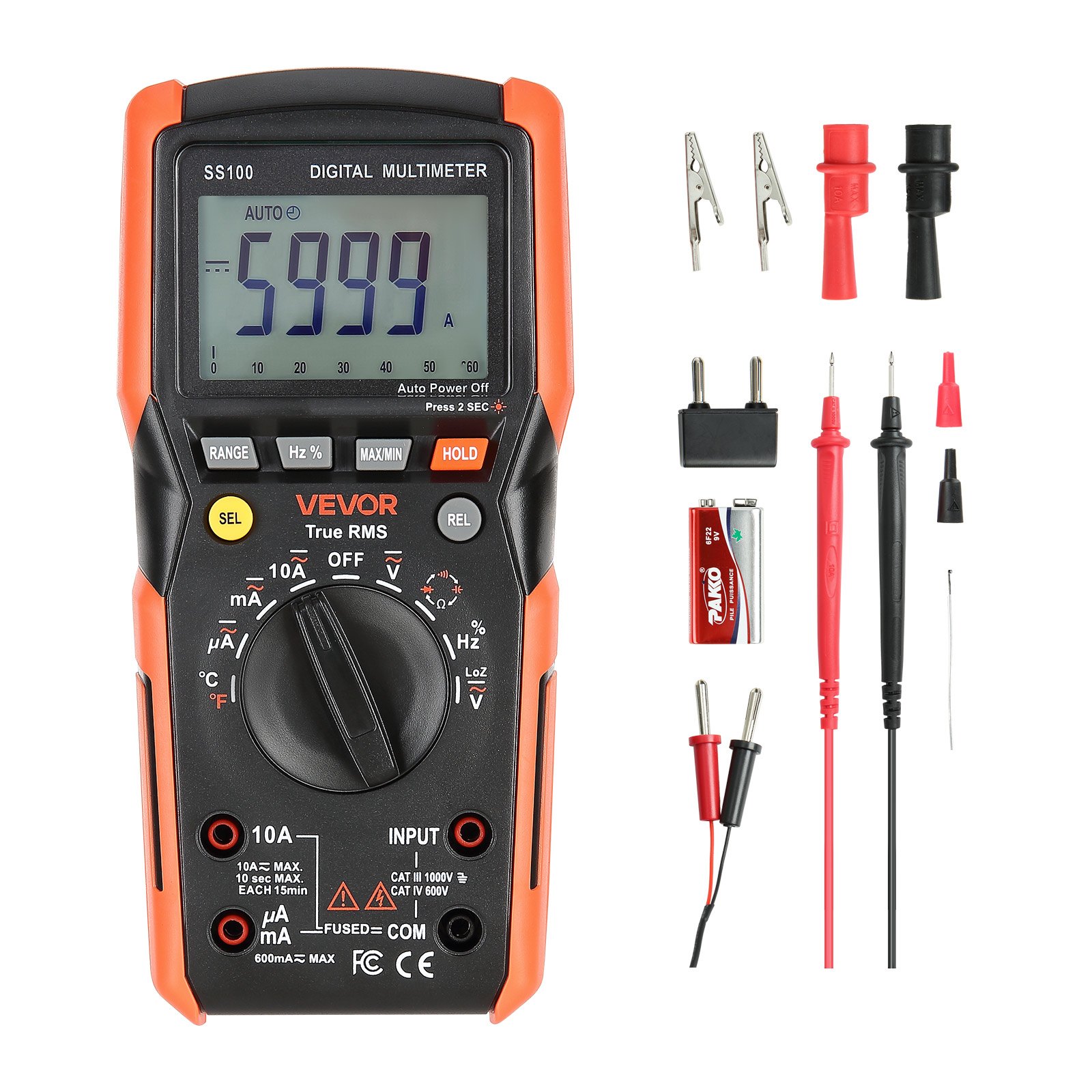 VEVOR Digitalmultimeter, 6000-Count TRMS DC/AC-Voltmeter-Stromtester, automatischer Bereichswahl für Strom, Spannung, Widerstand, Kapazität, Temperatur, Dioden, Durchgang, niedrige Impedanzmessung