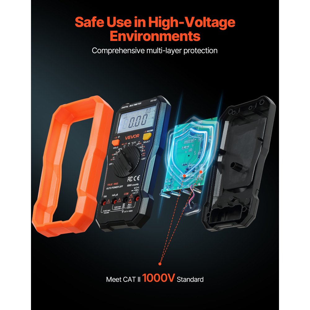 VEVOR Digitalmultimeter, 6000-Count TRMS DC/AC Voltmeter Stromtester, NCV-Multimeter für Strom, Spannung, Widerstand, Tastverhältnis, Temperatur, Dioden, Kontinuitätstest mit stromführendem Draht