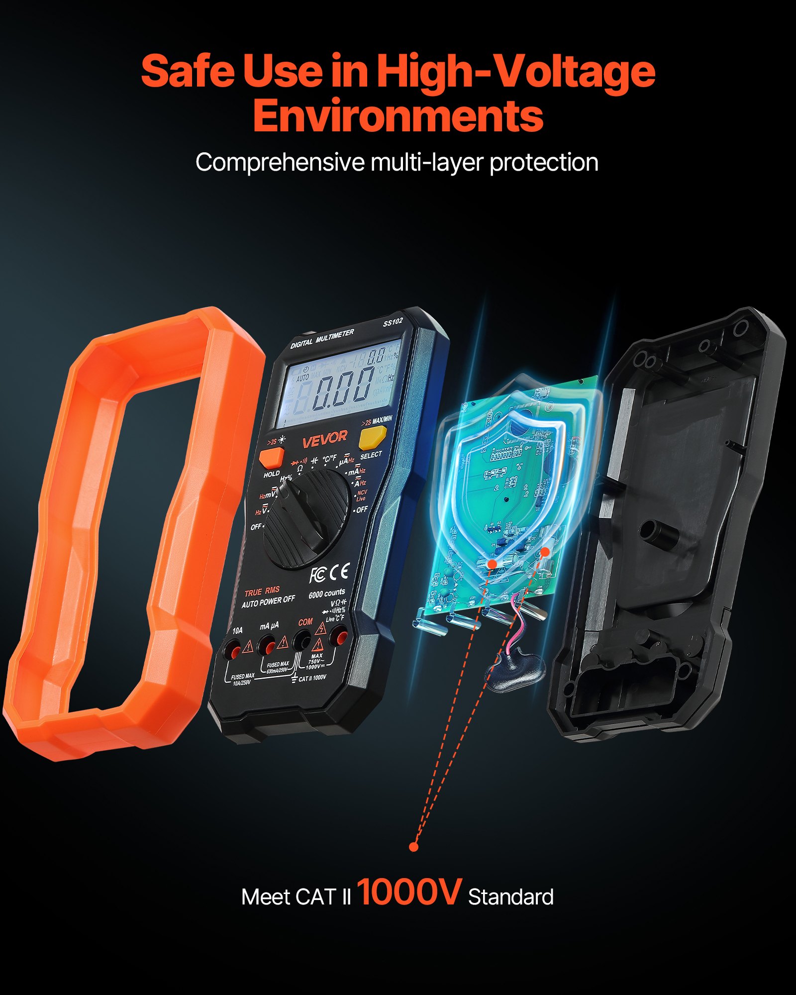 VEVOR Digitalmultimeter, 6000-Count TRMS DC/AC Voltmeter Stromtester, NCV-Multimeter für Strom, Spannung, Widerstand, Tastverhältnis, Temperatur, Dioden, Kontinuitätstest mit stromführendem Draht