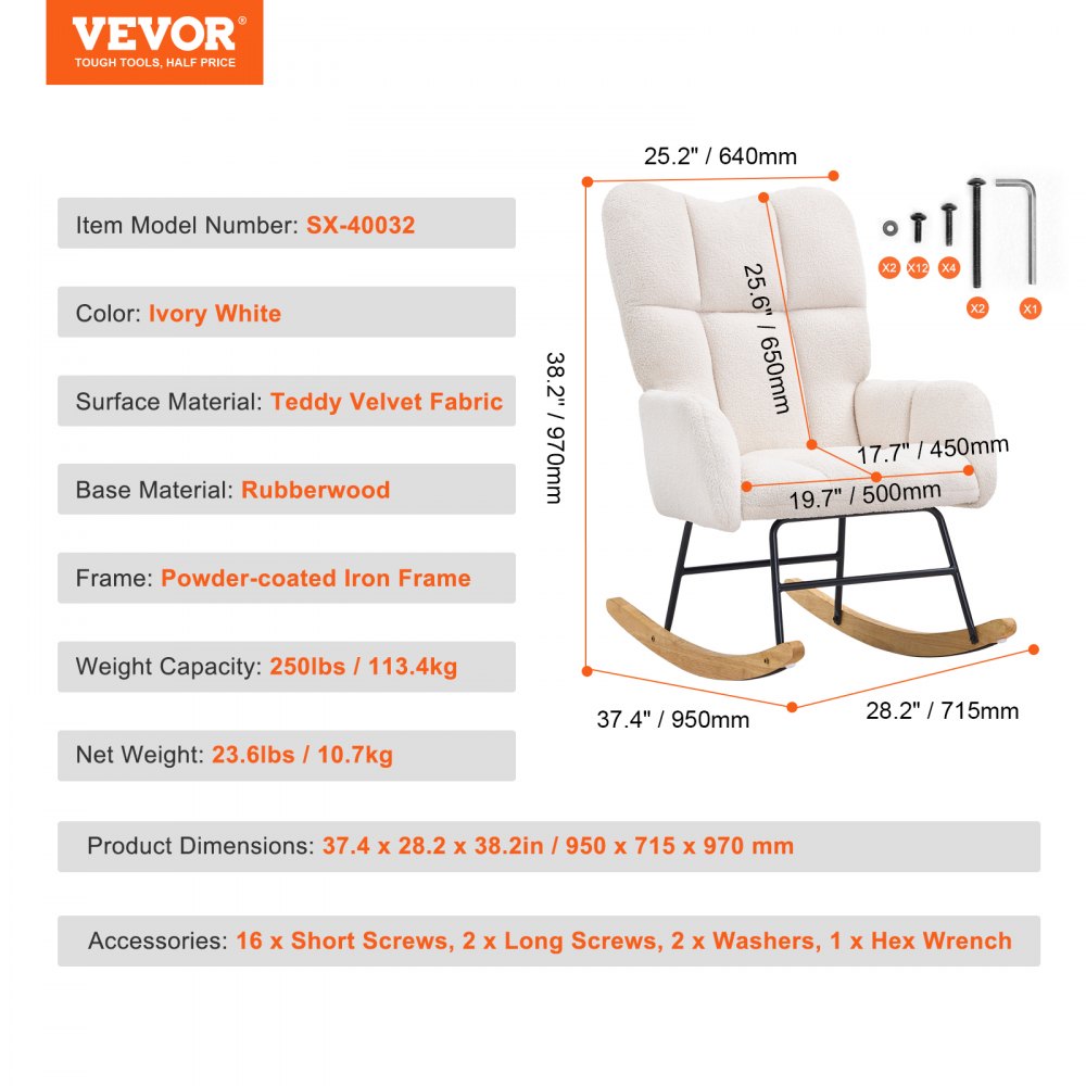 VEVOR Rocking Chair for Children's Room, 113.4 kg Weight Capacity, Upholstered with Teddy Fabric, with Soft Seat & High Backrest, Nursing Chair for Children's Room, Bedroom, Living Room, Ivory White