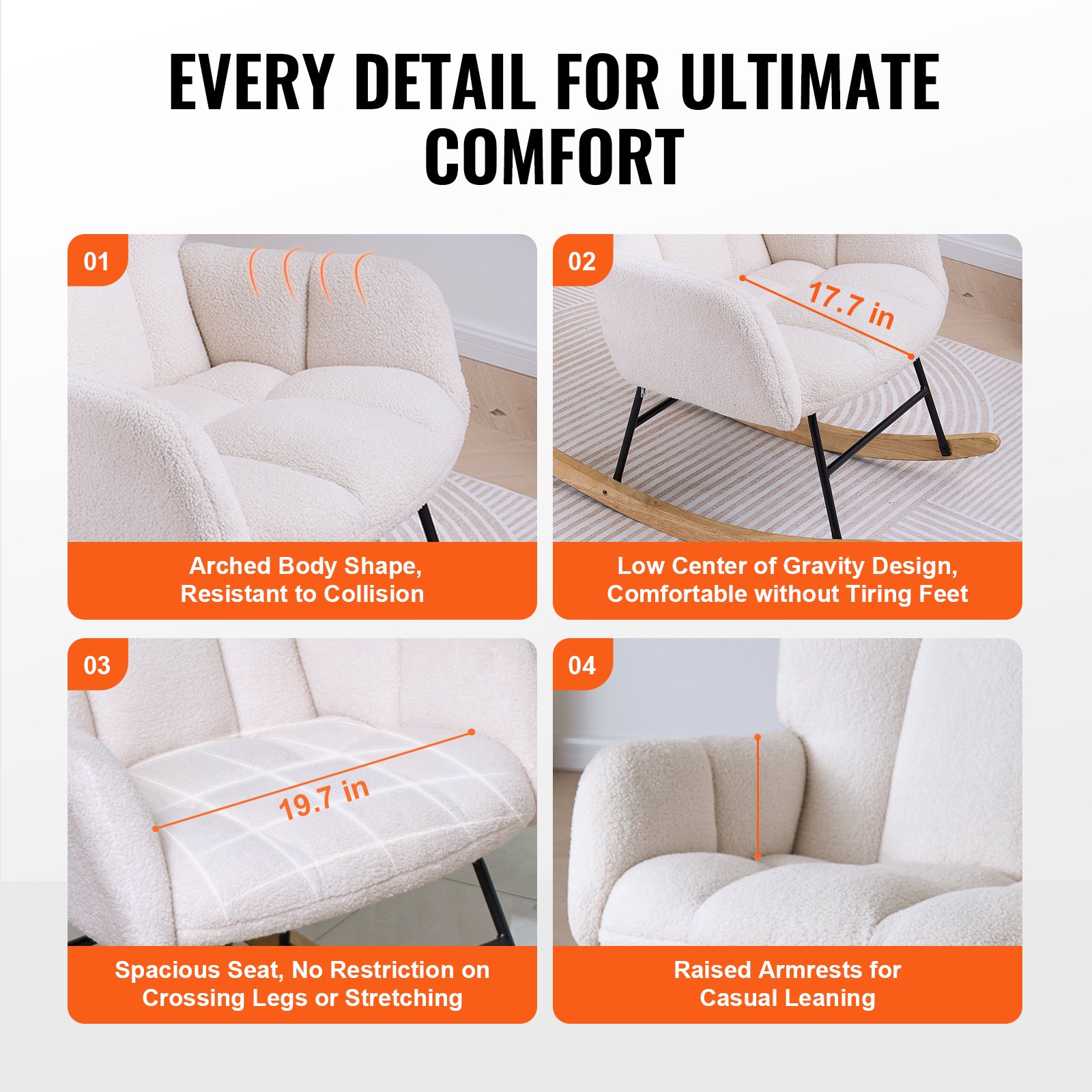 VEVOR Rocking Chair for Children's Room, 113.4 kg Weight Capacity, Upholstered with Teddy Fabric, with Soft Seat & High Backrest, Nursing Chair for Children's Room, Bedroom, Living Room, Ivory White