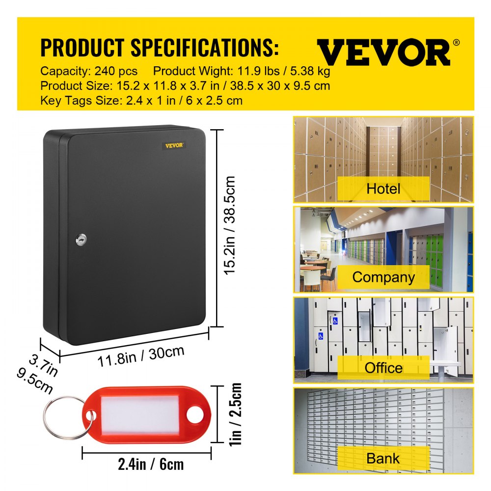 VEVOR Schlüsselkasten Schwarz, Schlüsselbox Schlüsselschrank für 240 Schlüssel mit Schlüsselschloss 30 x 24 x 9 cm, Haus Büro Firma Bootshändler Autovermietungen Bank Hotel