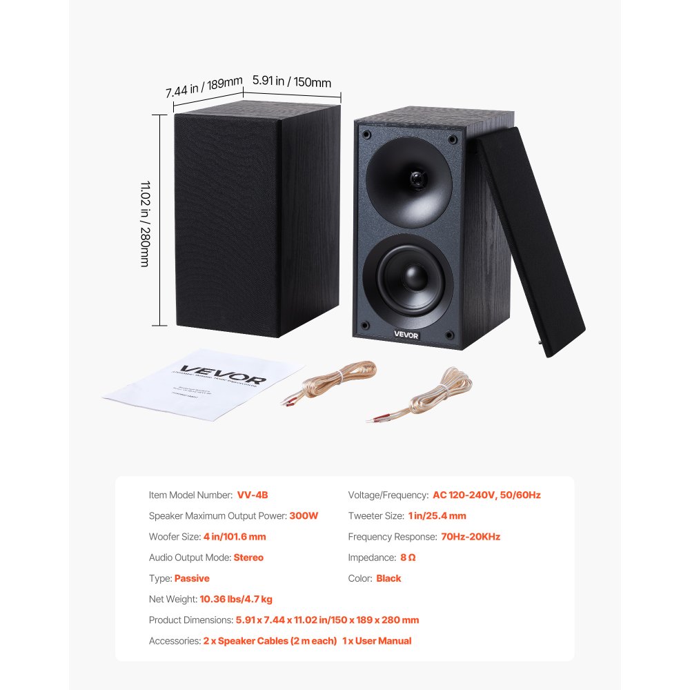 VEVOR Passive Regallautsprecher Paar 300W Stereo-Audio-Lautsprecher 70Hz–20kHz 150x189x280 mm