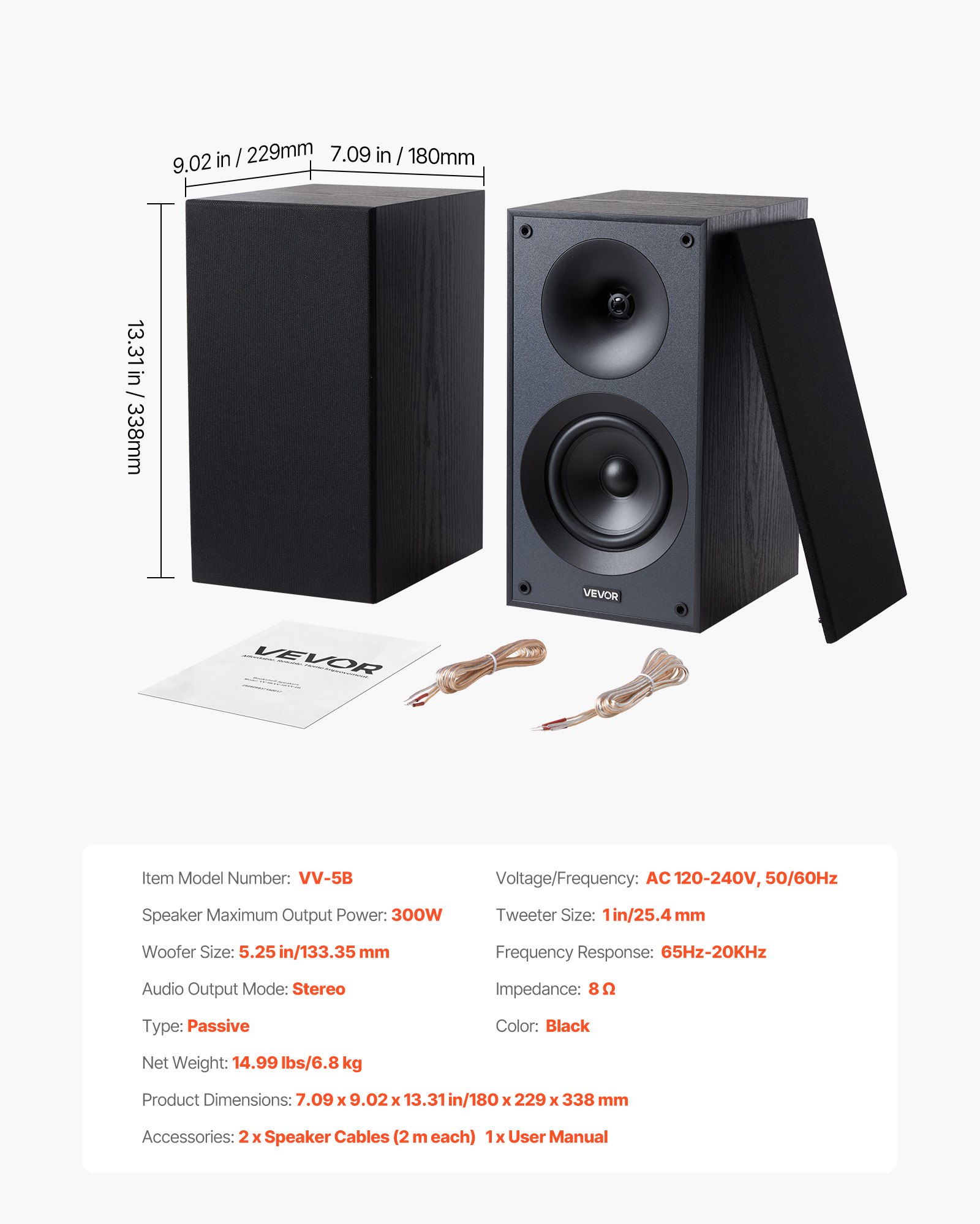 VEVOR Passive Regallautsprecher Paar 300W Stereo-Audio-Lautsprecher 65Hz–20kHz 180 x 229 x 338 mm