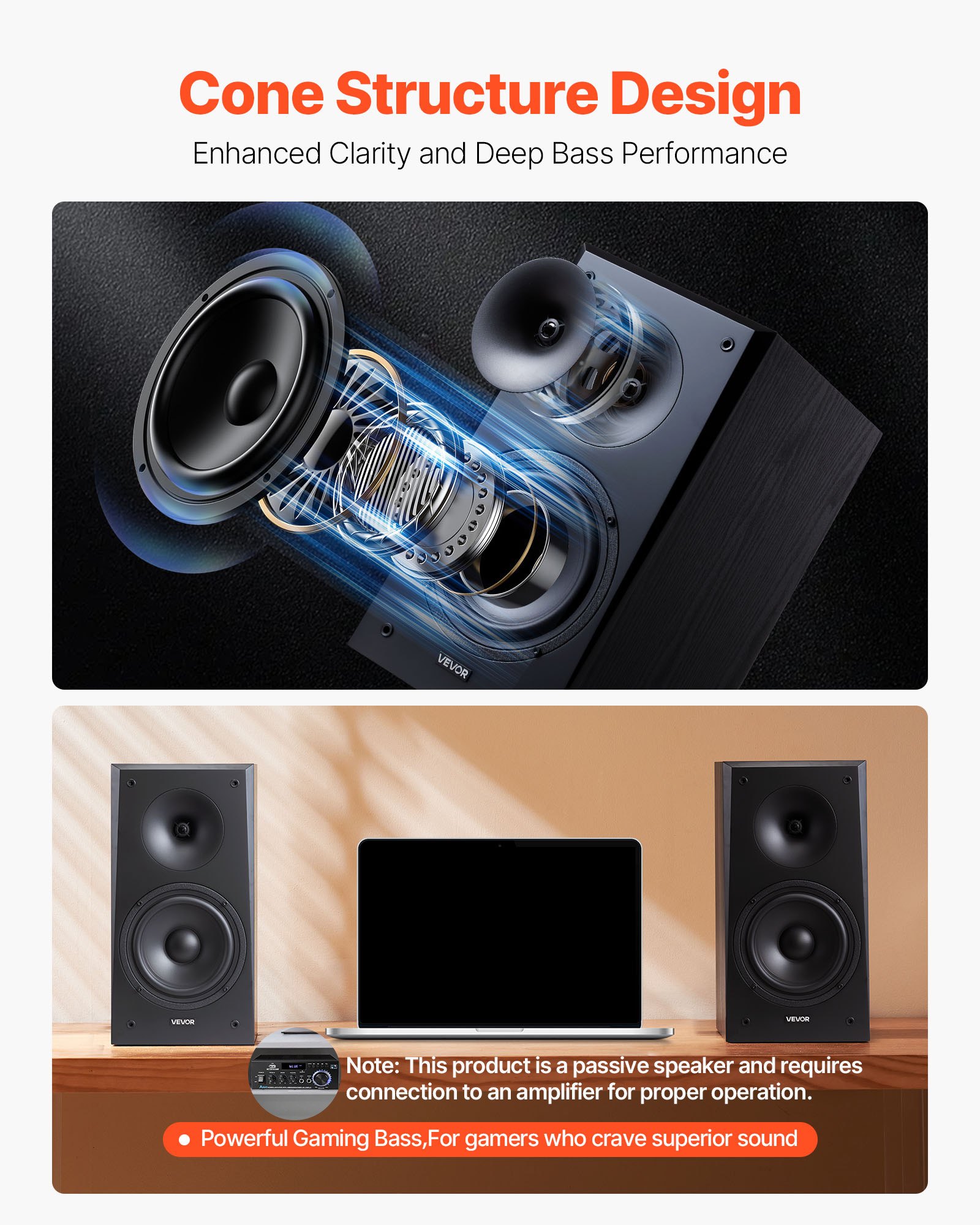 VEVOR Passive Regallautsprecher Paar 300W Stereo Audio Lautsprecher 55Hz–20kHz 199x300x390 mm