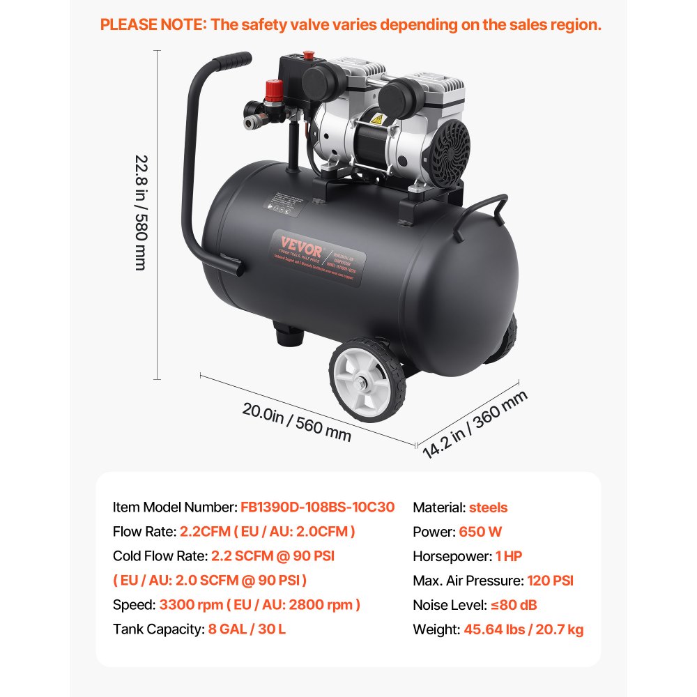 VEVOR-Luftkompressor, 8-Gallonen-Stahltank, 1 PS, 2,2 CFM bei 90 PSI, ölfreier Luftkompressor und max. 120 PSI Druck, 80 dB ultraleiser tragbarer Kompressor, für Autoreparatur, Reifenbefüllung, Spritzlackierung