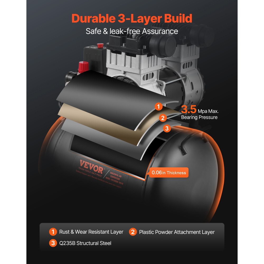 VEVOR-Luftkompressor, 10 Gallonen Stahltank, 2 PS 5,3 CFM@90 PSI ölfreier Luftkompressor und max. 125 PSI Druck, 78 dB ultraleiser tragbarer Kompressor, für Autoreparatur, Reifenbefüllung, Spritzlackierung