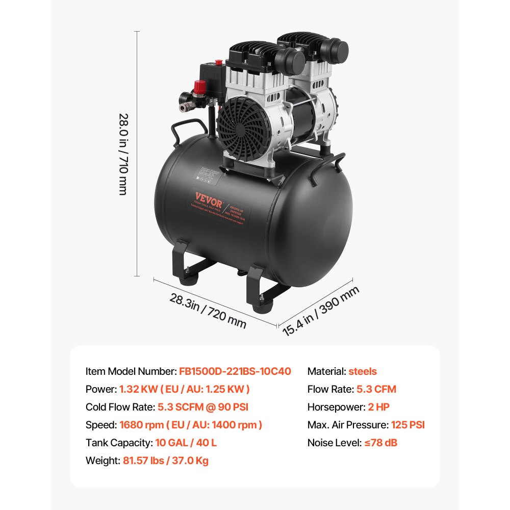 VEVOR-Luftkompressor, 10 Gallonen Stahltank, 2 PS 5,3 CFM@90 PSI ölfreier Luftkompressor und max. 125 PSI Druck, 78 dB ultraleiser tragbarer Kompressor, für Autoreparatur, Reifenbefüllung, Spritzlackierung
