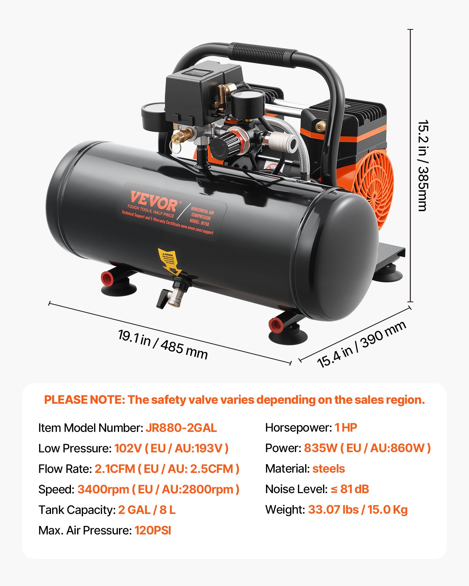 VEVOR air compressor, 2-gallon steel tank, 1 HP, 2.5 CFM, 8 bar, oil-free air compressor and max. 120 PSI pressure, 81 dB, ultra-quiet portable compressor, for car repair, tire inflation, spray painting