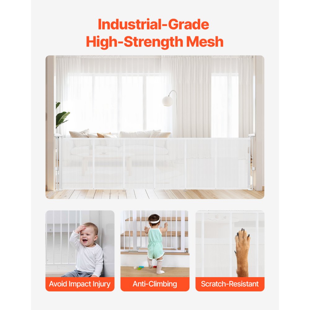 VEVOR einziehbares Babygitter Hundegitter ausziehbar auf 280 cm Breite / 87 cm Höhe, Haustiergitter Schutzgitter aus Netzmaterial für Innentreppen Türen Flure Spielzimmer, Treppenschutzgitter weiß