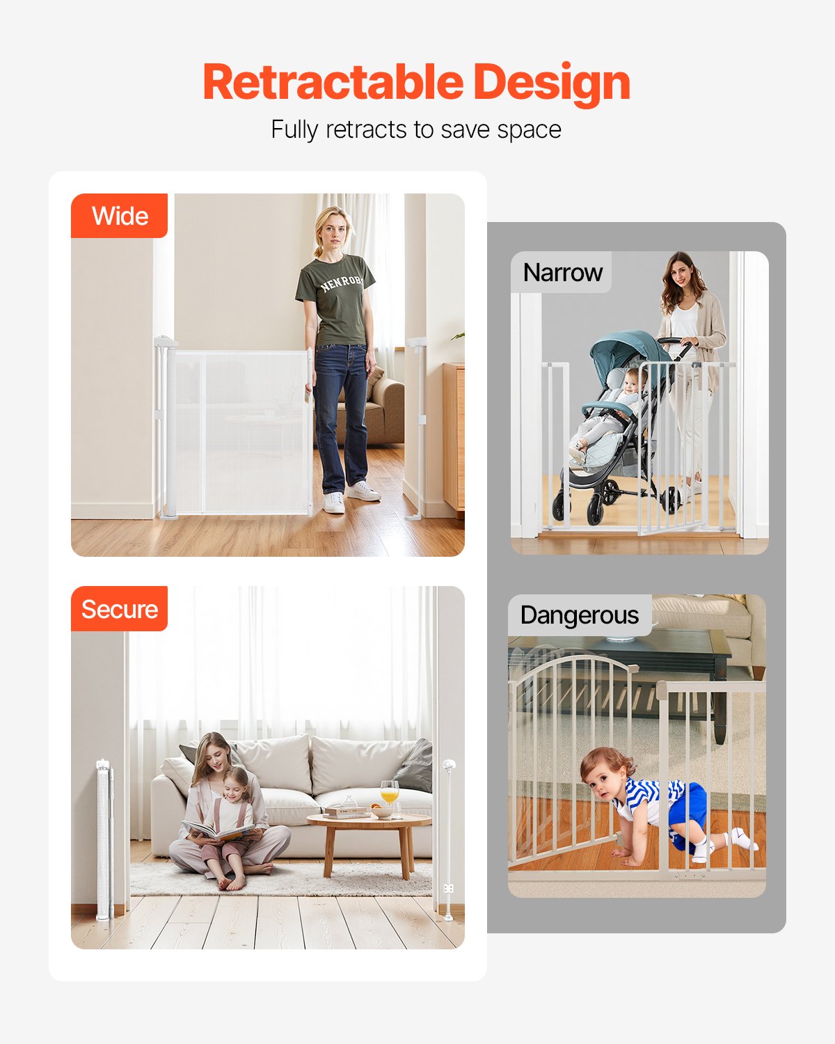 VEVOR einziehbares Babygitter Hundegitter ausziehbar auf 280 cm Breite / 87 cm Höhe, Haustiergitter Schutzgitter aus Netzmaterial für Innentreppen Türen Flure Spielzimmer, Treppenschutzgitter weiß