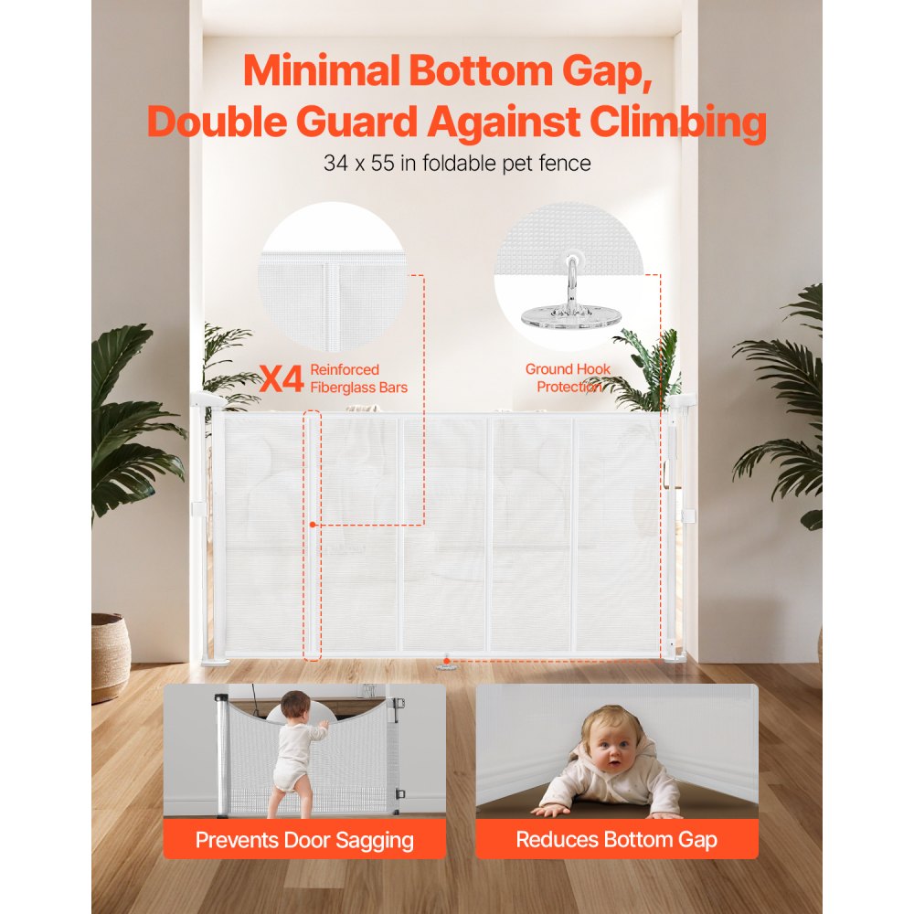 VEVOR einziehbares Babygitter 87 cm hoch, ausziehbar bis 140 cm breit, Gitter für Kinder oder Haustiere, Netzmaterial, einfach zu installieren, für Innentreppen Türen Flure Spielzimmer Weiß