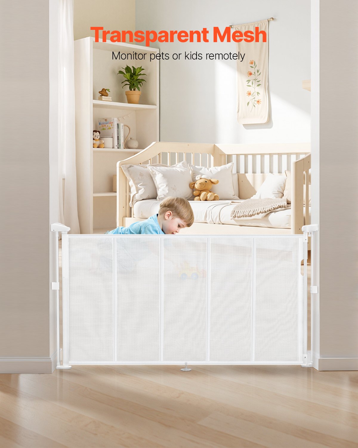 VEVOR einziehbares Babygitter 87 cm hoch, ausziehbar bis 140 cm breit, Gitter für Kinder oder Haustiere, Netzmaterial, einfach zu installieren, für Innentreppen Türen Flure Spielzimmer Weiß