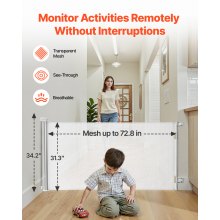 VEVOR Einziehbares Babygitter Hundegitter ausziehbar auf 185 cm Breite / 795 mm Höhe, Treppenschutzgitter mit Sicherheitsschloss, Schutzgitter aus Netzgewebe für Treppen Flure drinnen/draußen, weiß