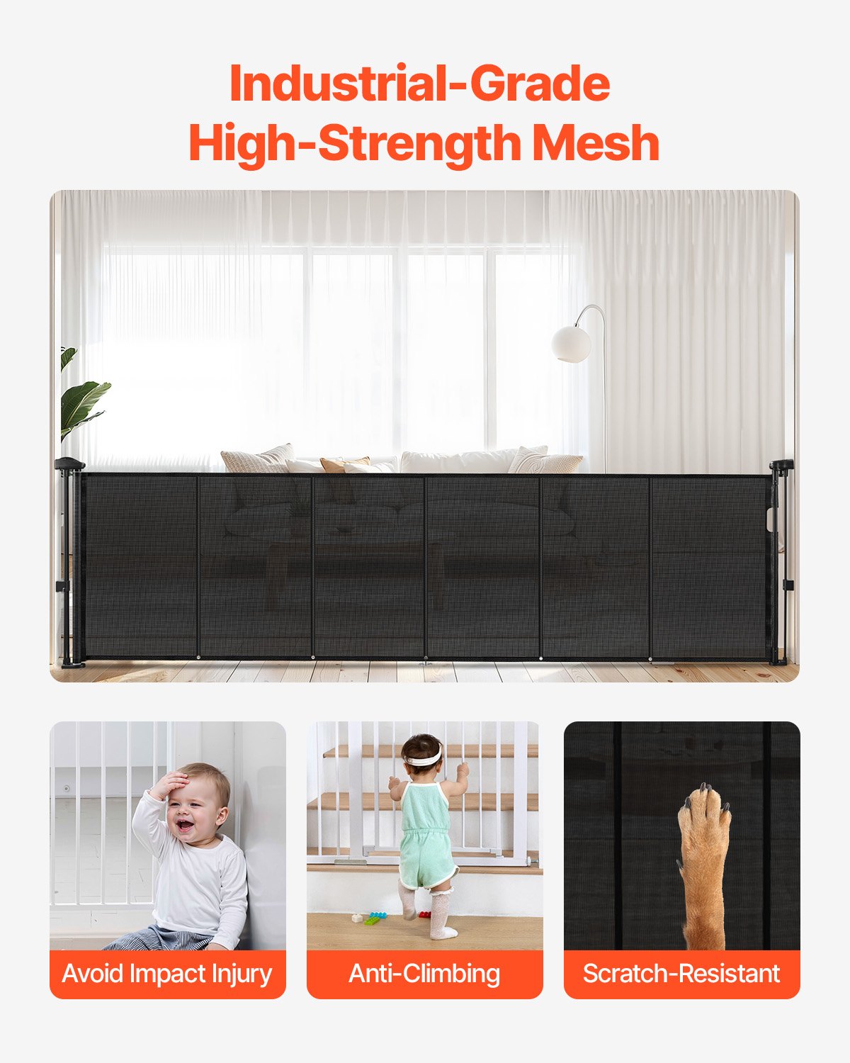 VEVOR einziehbares Babygitter (87 cm hoch ausziehbar bis 280 cm breit) ausziehbares Gitter für Kinder Haustiere, Netzmaterial, Treppenschutzgitter für Innentreppen Türen Flure Spielzimmer, Schwarz