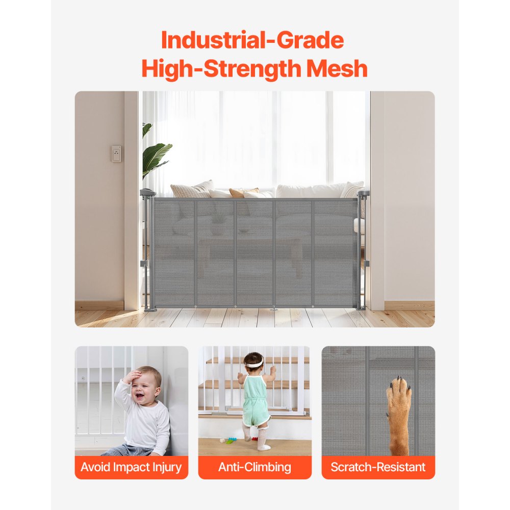 VEVOR einziehbares Babygitter (87 cm hoch ausziehbar bis 140 cm breit) ausziehbares Gitter für Kinder Haustiere, Netzmaterial, Treppenschutzgitter für Innentreppen, Türen, Flure, Spielzimmer, Grau