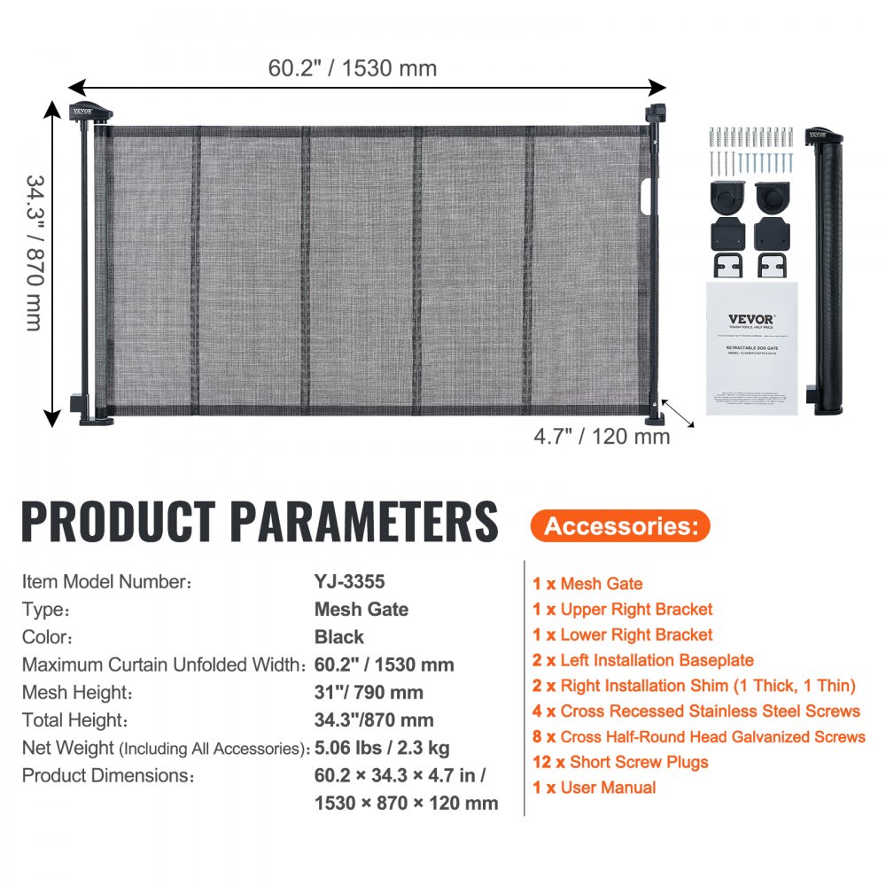 VEVOR Türschutzgitter Treppenschutzgitter Max. 153 cm Ausziehbares Babygitter 87 cm Hohe, Turschutzgitter Haustiere Kinderschutzgitter Schwarz, Treppengitter zum Klemmen für Baby Hundegitter Draußen