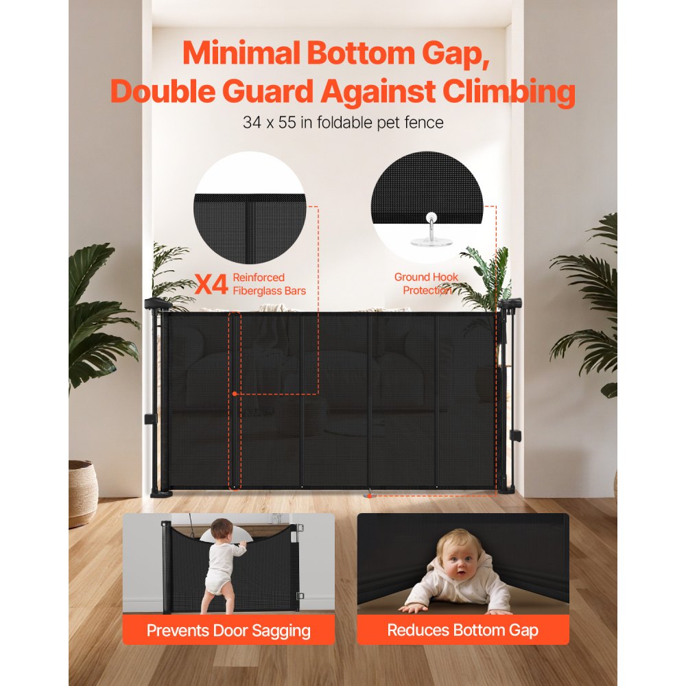 VEVOR einziehbares Babygitter (87 cm hoch ausziehbar bis 1400 mm breit) ausziehbares Gitter für Kinder Haustiere, Netzmaterial, Treppenschutzgitter für Innentreppen Türen Flure Spielzimmer, Schwarz