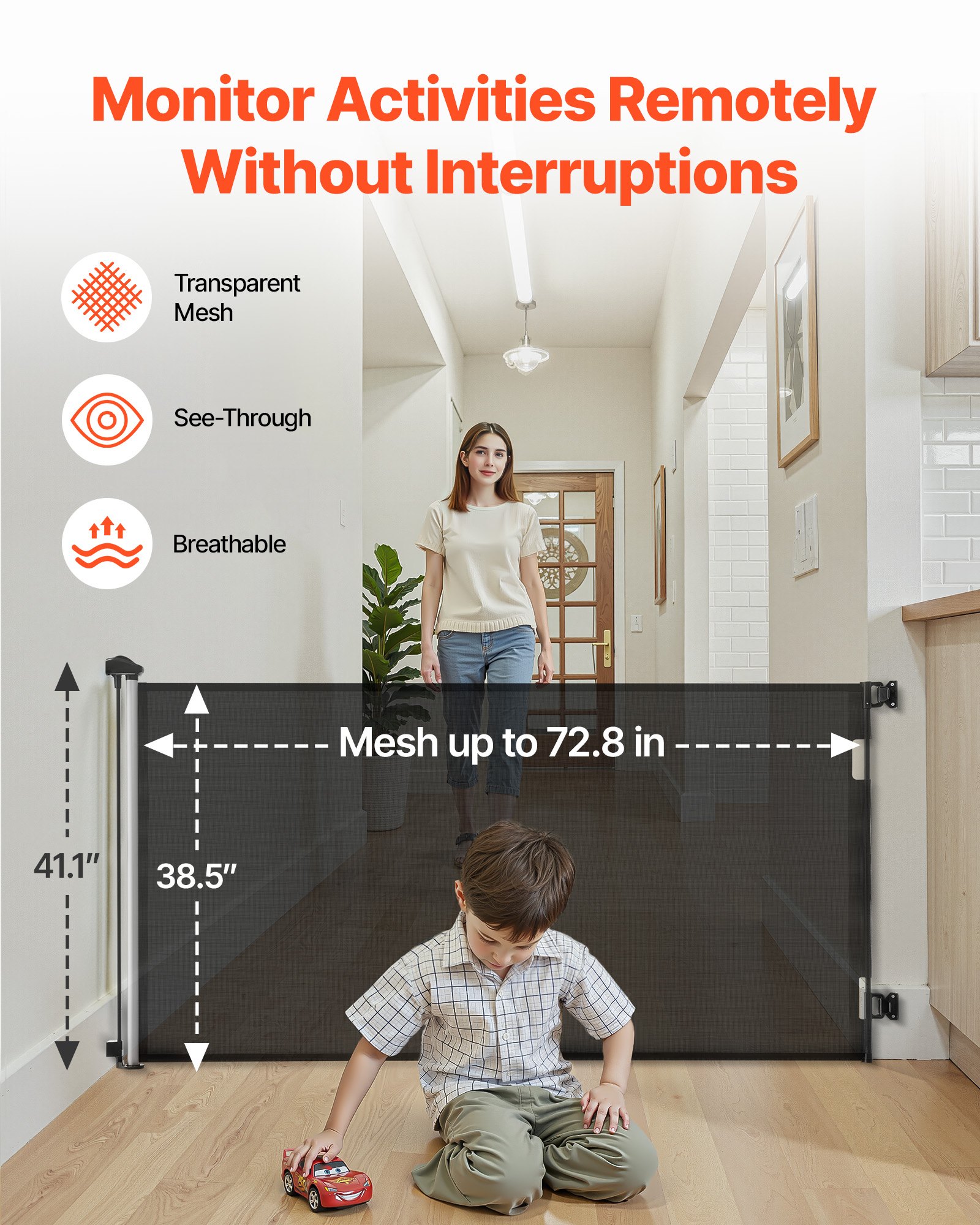 VEVOR einziehbares Babygitter Hundegitter ausziehbar auf 185 cm (B)/ 795 mm (H), Treppenschutzgitter mit Sicherheitsschloss, Schutzgitter aus Netzgewebe für Treppen Flure drinnen/draußen, Schwarz
