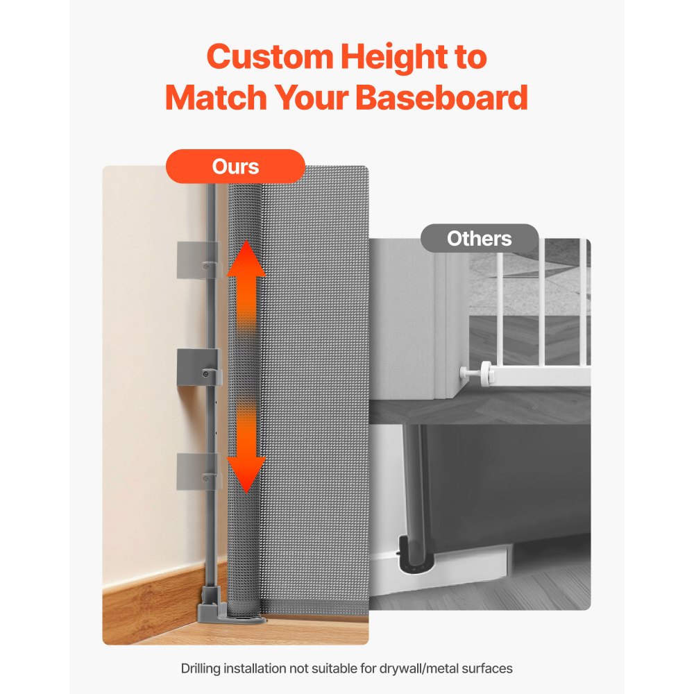 VEVOR Einziehbares Babygitter Hundegitter ausziehbar auf 185 cm Breite / 795 mm Höhe, Treppenschutzgitter mit Sicherheitsschloss, Schutzgitter aus Netzgewebe für Treppen Flure drinnen/draußen, grau