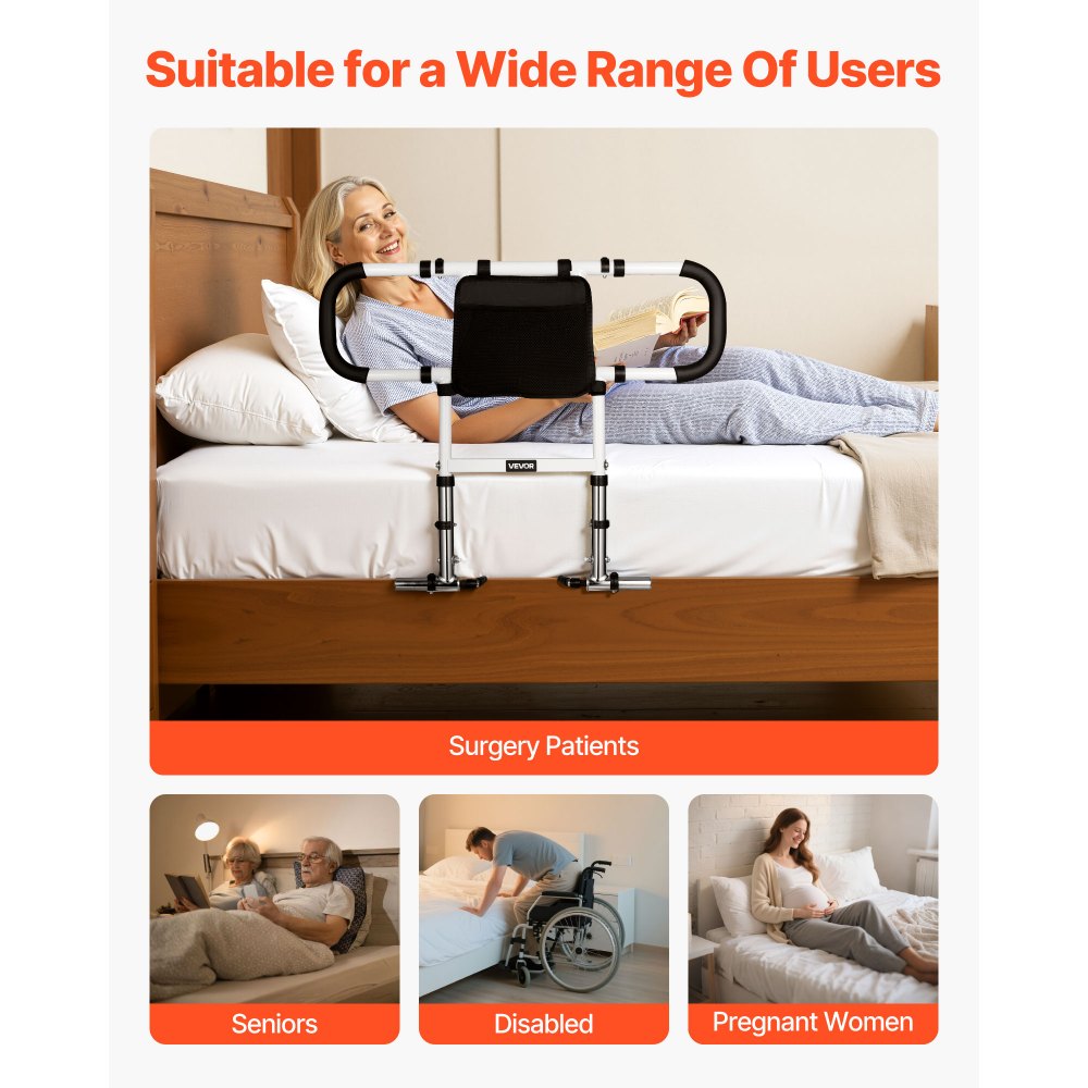 VEVOR Bed Rail for Elderly, Foldable & Extendable Bedside Assist Rail with Side Handles & PU Handrail, Adjustable Height Carbon Steel Pipe Bedside Cane, Senior Bed Bar Fits King, Queen, Full, Twin